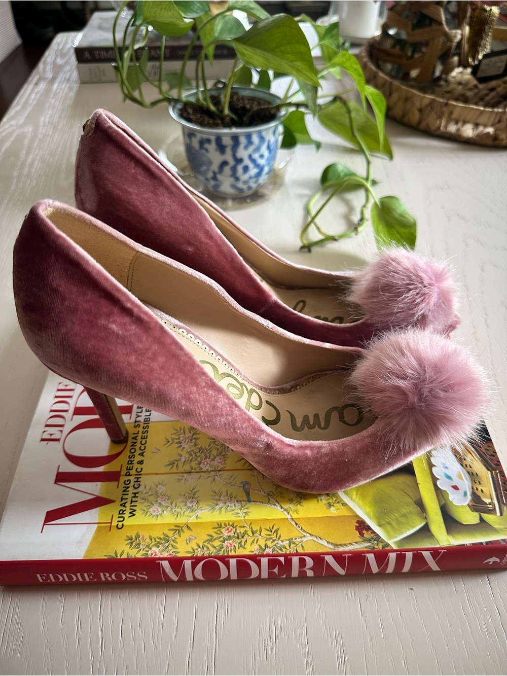 Sam Edelman Blush Pink Velvet Pointed-Toe Pumps with Pom Pom - Picture 2 of 5